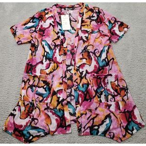 Creation Cardigan Women's‎ Large Multi Short Sleeve Shark Bite Hem Button Front